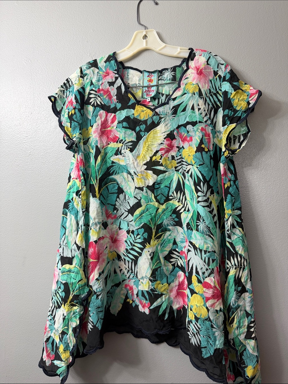 Johnny Was Black Tropical Floral Tunic with Teal, Pink & Yellow medium